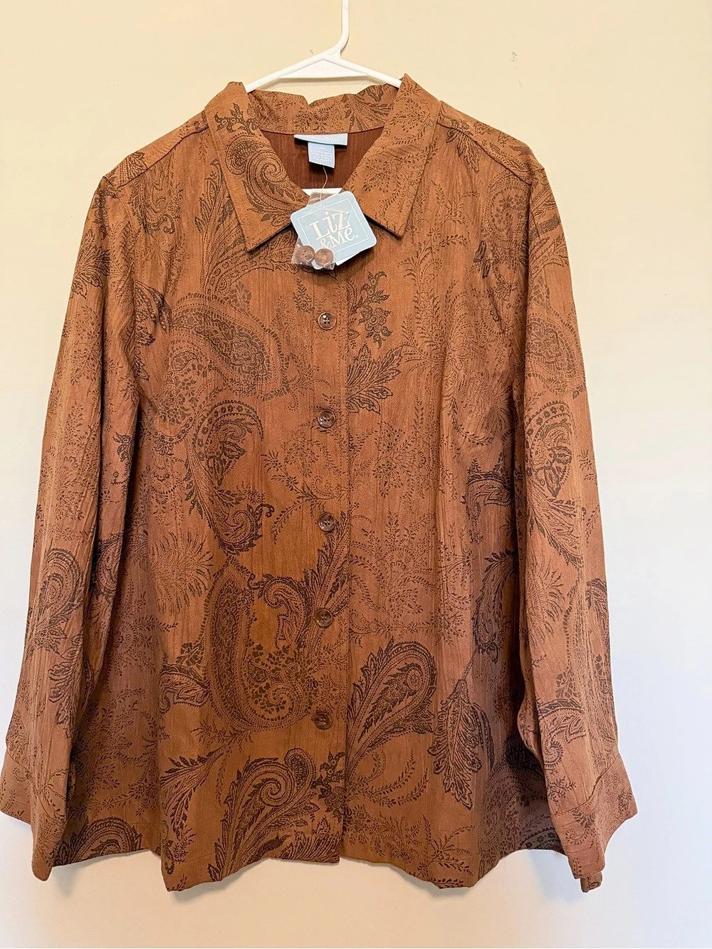 Liz & Me Paisley Button Down Shirt in Brown XL NWT